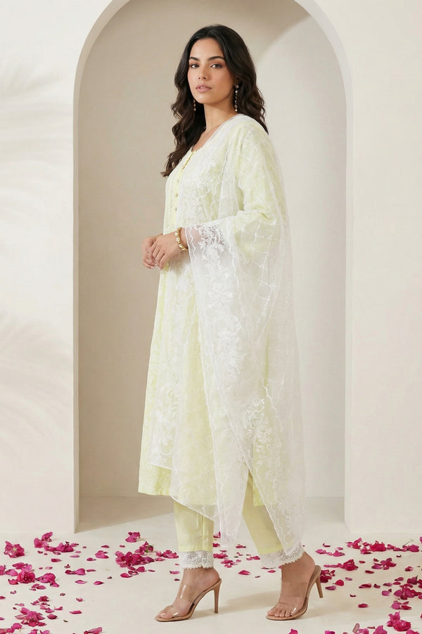Yellow Floral Printed Lace Pure Cotton Straight Kurta with Straight Pants and Dupatta Set