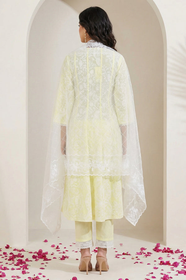 Yellow Floral Printed Lace Pure Cotton Straight Kurta with Straight Pants and Dupatta Set