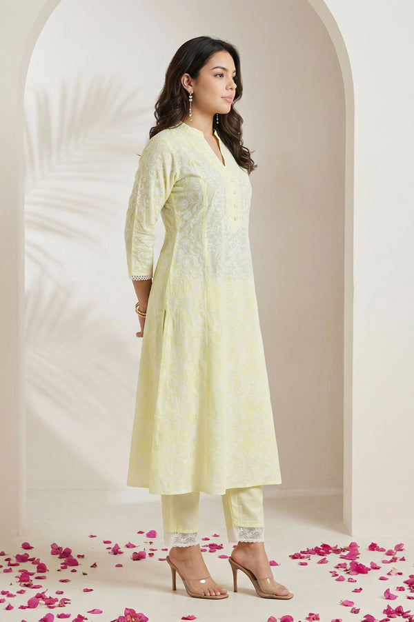 Yellow Floral Printed Lace Pure Cotton Straight Kurta with Straight Pants and Dupatta Set