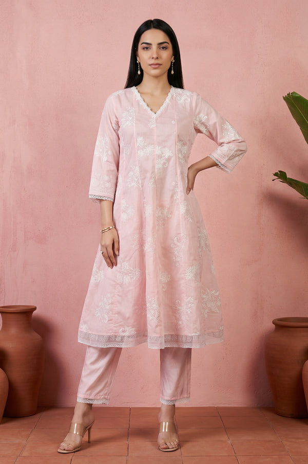 Pink Embroidered Floral Printed Chanderi Straight Kurta with Straight Pants Set