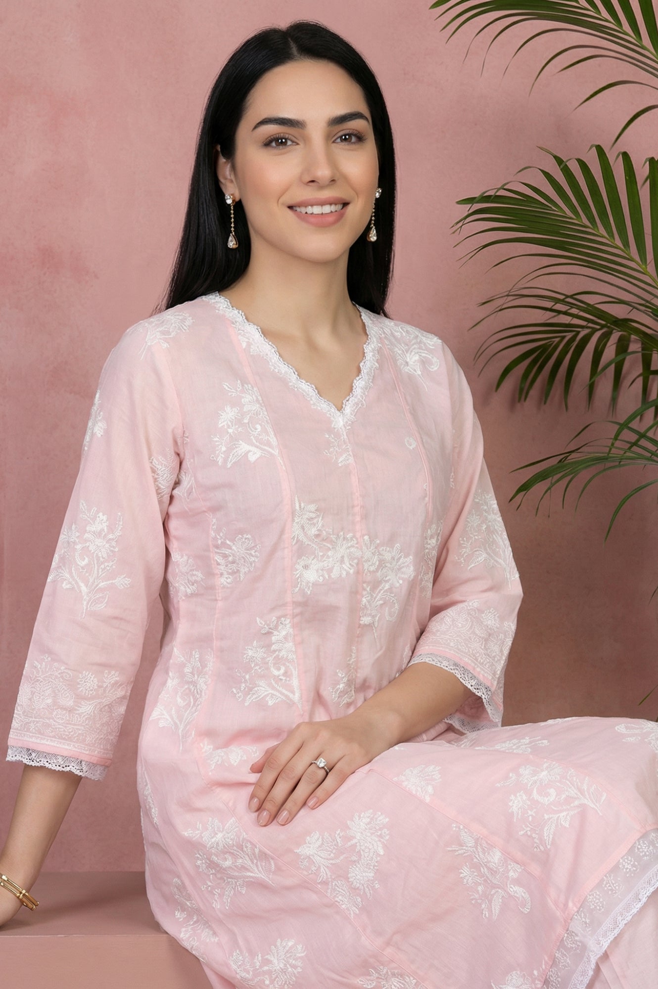 Pink Embroidered Floral Printed Chanderi Straight Kurta with Straight Pants Set