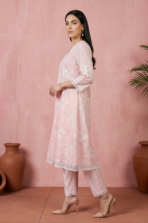 Pink Embroidered Floral Printed Chanderi Straight Kurta with Straight Pants Set