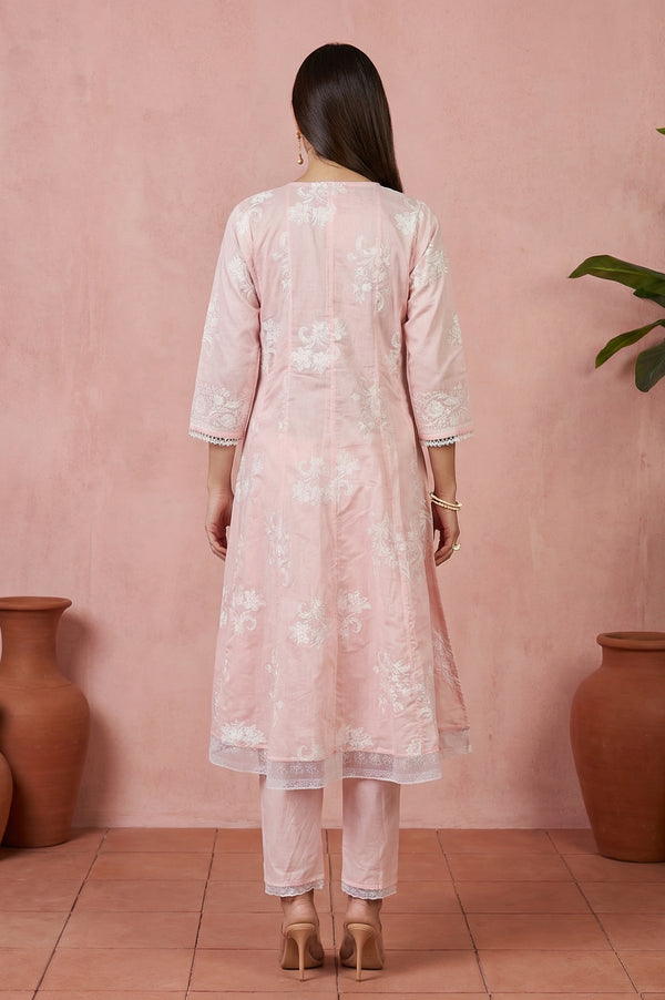 Pink Embroidered Floral Printed Chanderi Straight Kurta with Straight Pants Set
