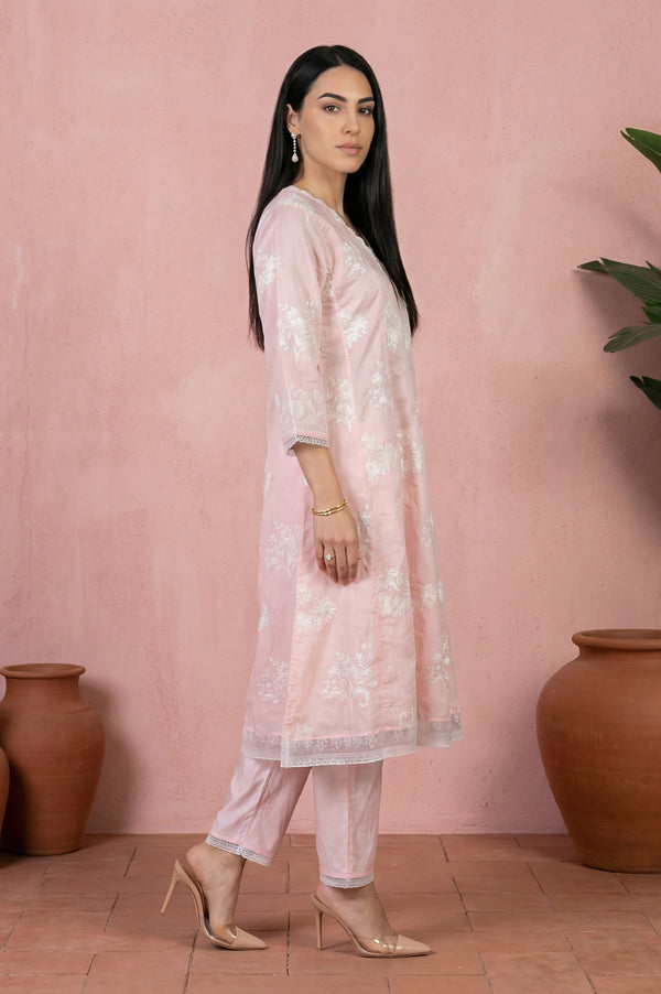 Pink Embroidered Floral Printed Chanderi Straight Kurta with Straight Pants Set