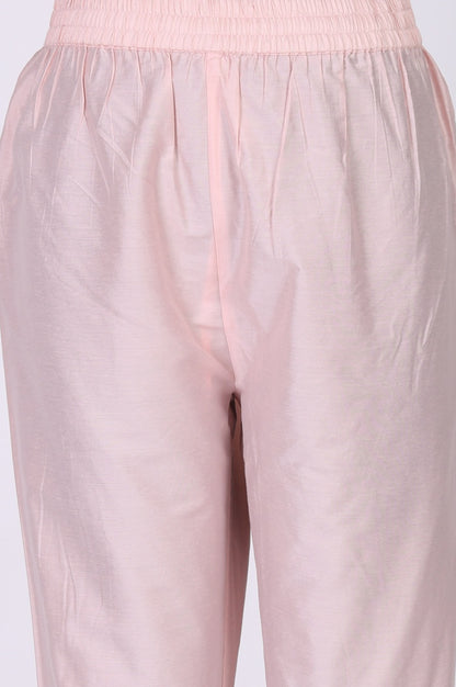 Pink Embroidered Floral Printed Chanderi Straight Kurta with Straight Pants Set