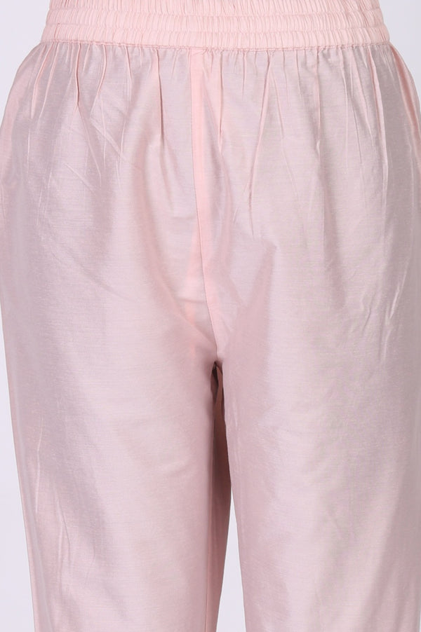 Pink Embroidered Floral Printed Chanderi Straight Kurta with Straight Pants Set