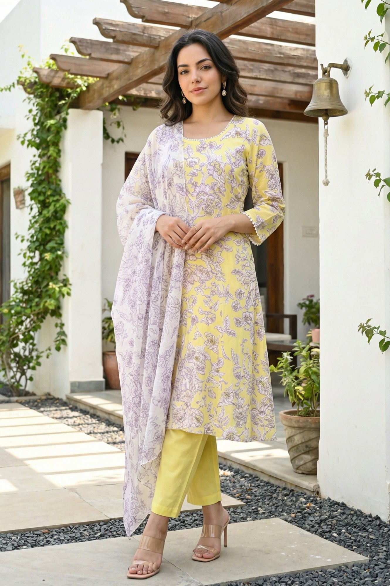 Yellow Floral Printed Flared Kurta with Pants and Dupatta Set