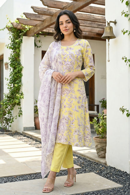 Yellow Floral Printed Flared Kurta with Pants and Dupatta Set