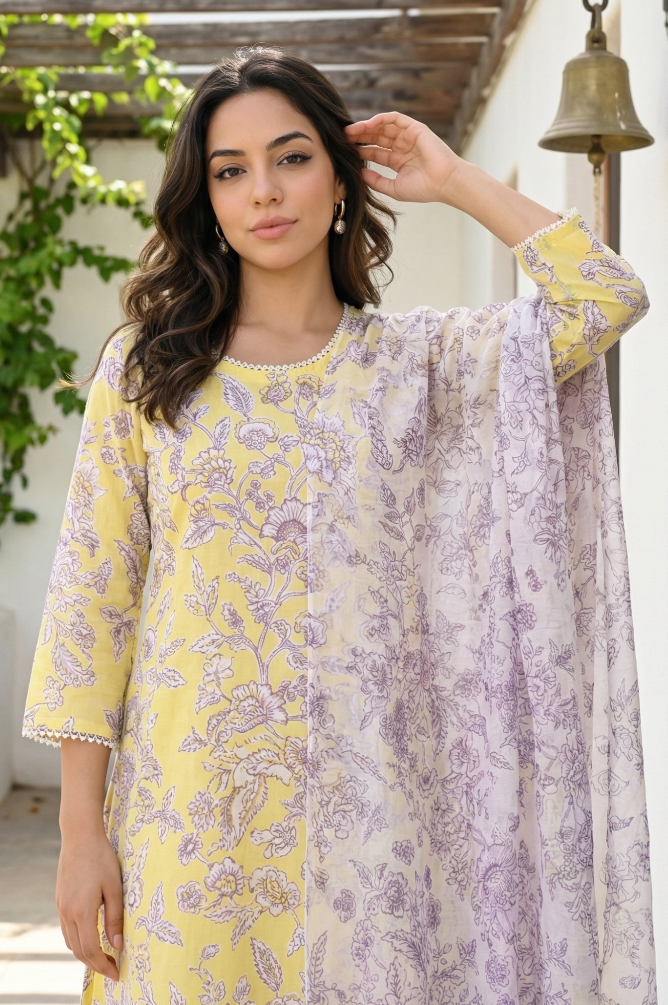 Yellow Floral Printed Flared Kurta with Pants and Dupatta Set