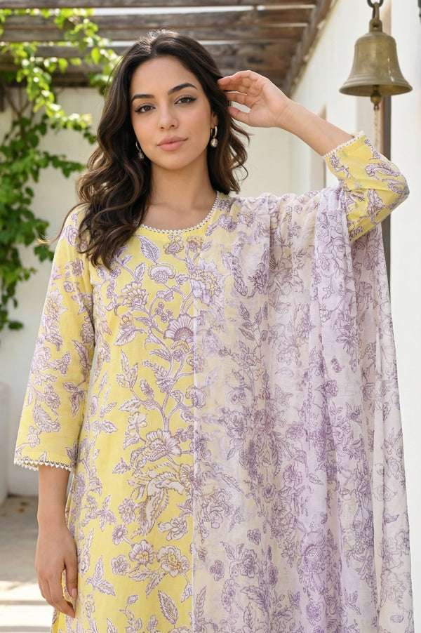 Yellow Floral Printed Flared Kurta with Pants and Dupatta Set