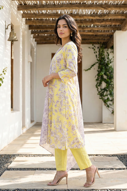 Yellow Floral Printed Flared Kurta with Pants and Dupatta Set
