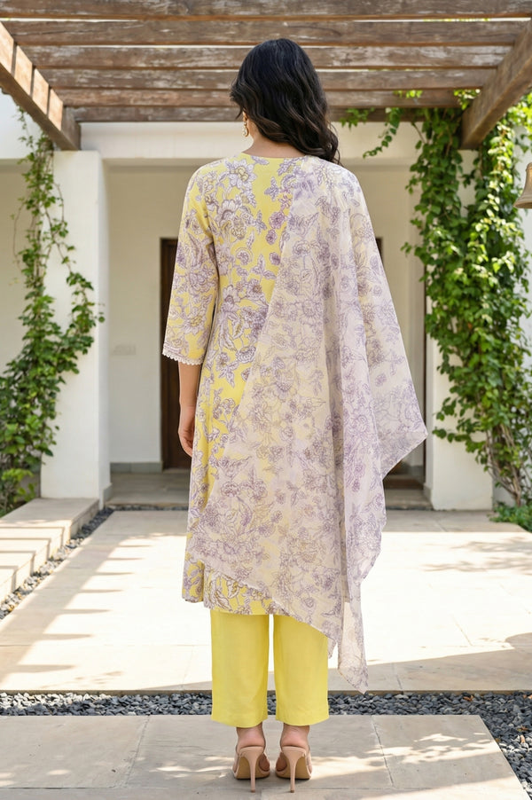 Yellow Floral Printed Flared Kurta with Pants and Dupatta Set
