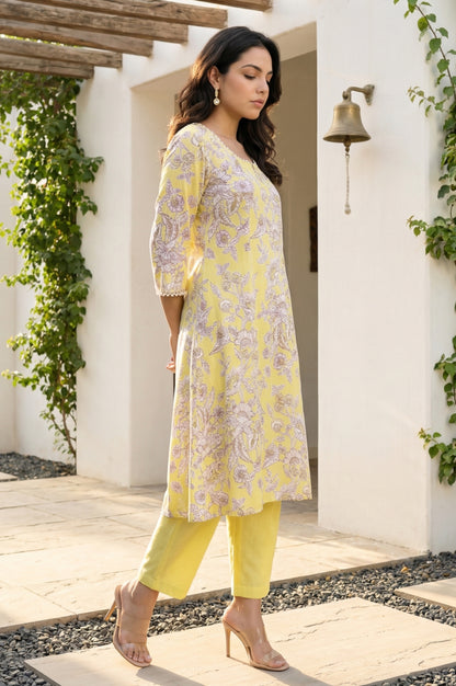 Yellow Floral Printed Flared Kurta with Pants and Dupatta Set
