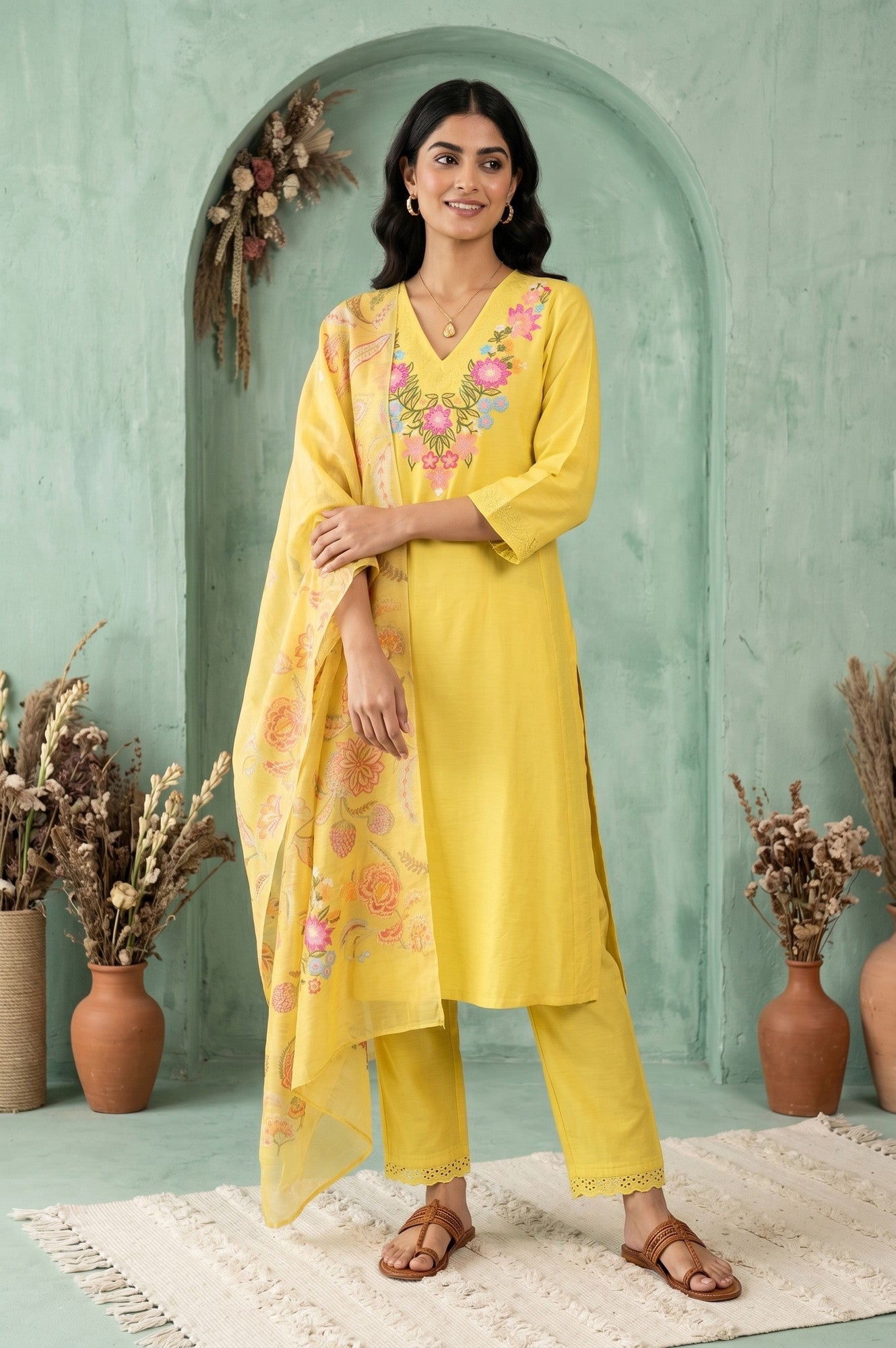 Yellow Thread Embroidered Straight Kurta With Pants and Dupatta Set