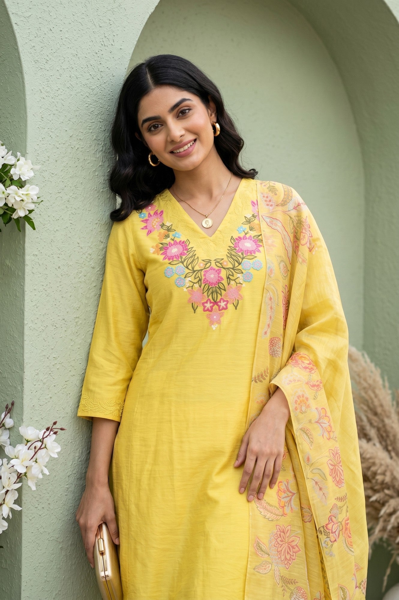 Yellow Thread Embroidered Straight Kurta With Pants and Dupatta Set