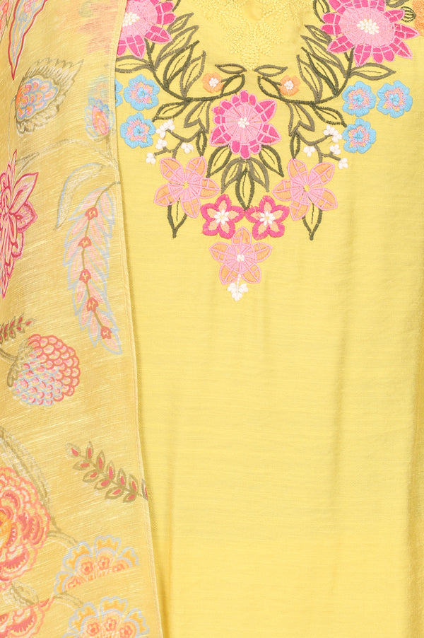 Yellow Thread Embroidered Straight Kurta With Pants and Dupatta Set