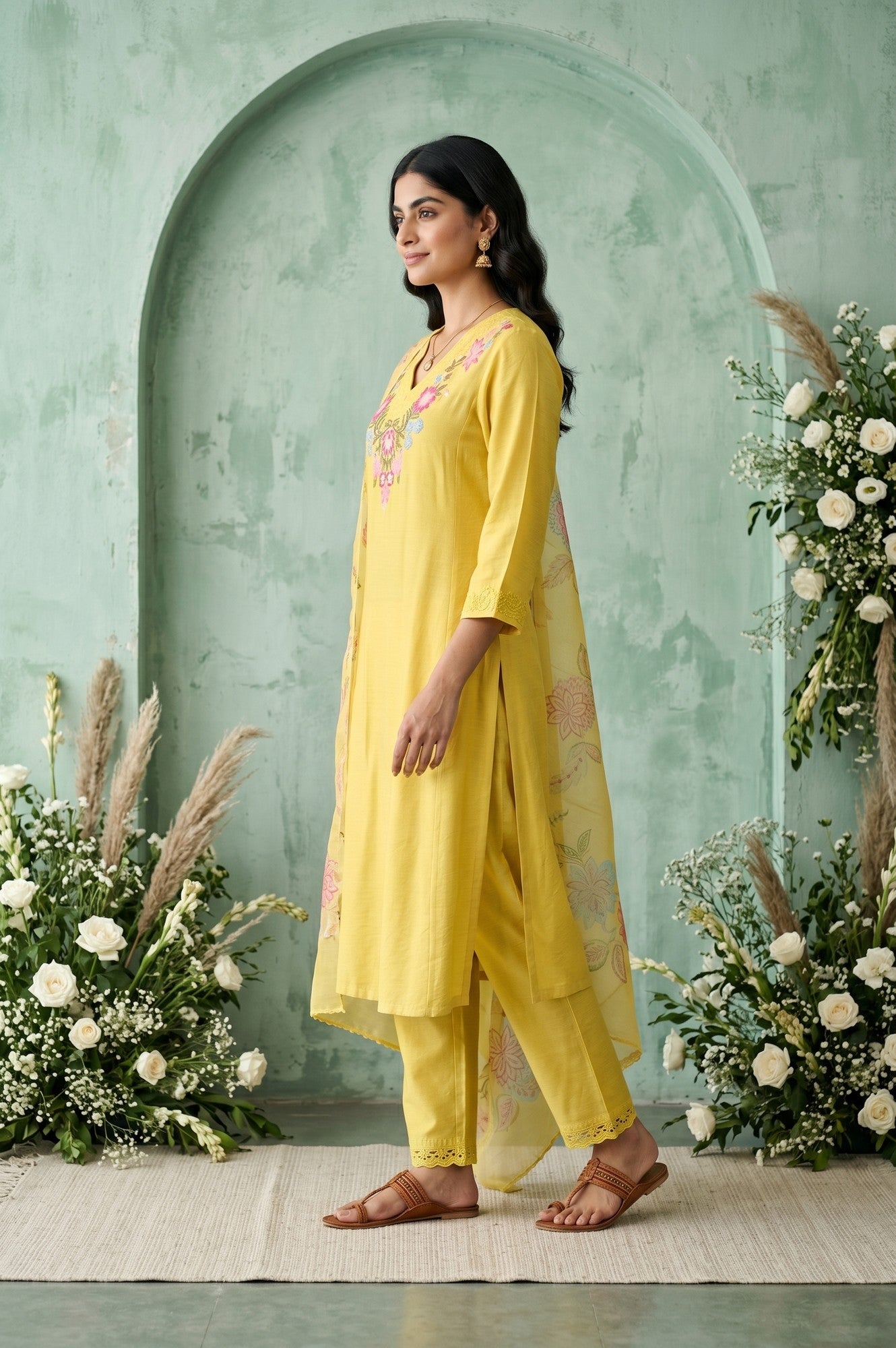 Yellow Thread Embroidered Straight Kurta With Pants and Dupatta Set