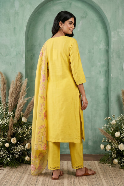 Yellow Thread Embroidered Straight Kurta With Pants and Dupatta Set