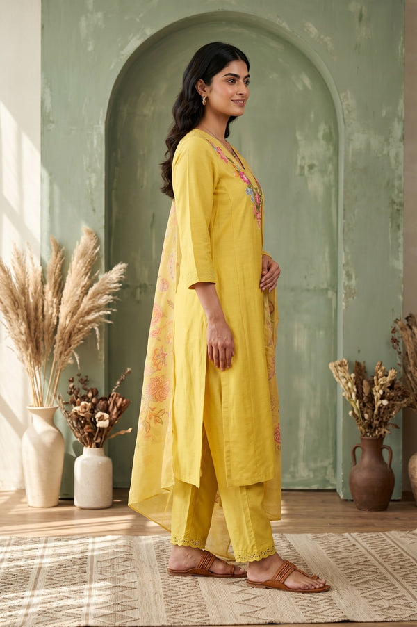 Yellow Thread Embroidered Straight Kurta With Pants and Dupatta Set