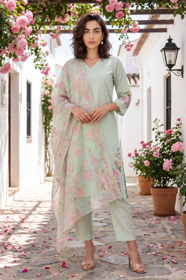 Sea Green Thread Embroidered Chanderi Straight Kurta With Pants and Dupatta Set