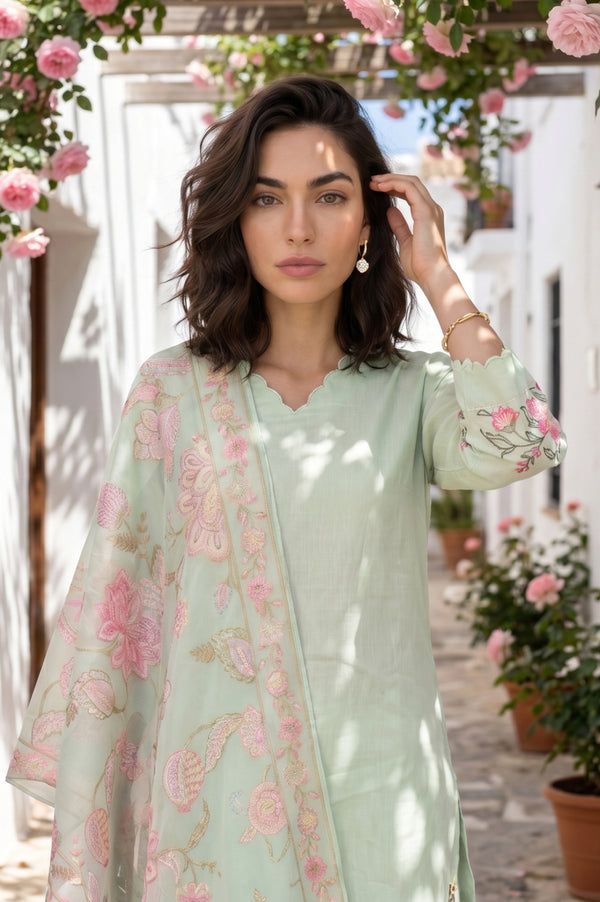 Sea Green Thread Embroidered Chanderi Straight Kurta With Pants and Dupatta Set