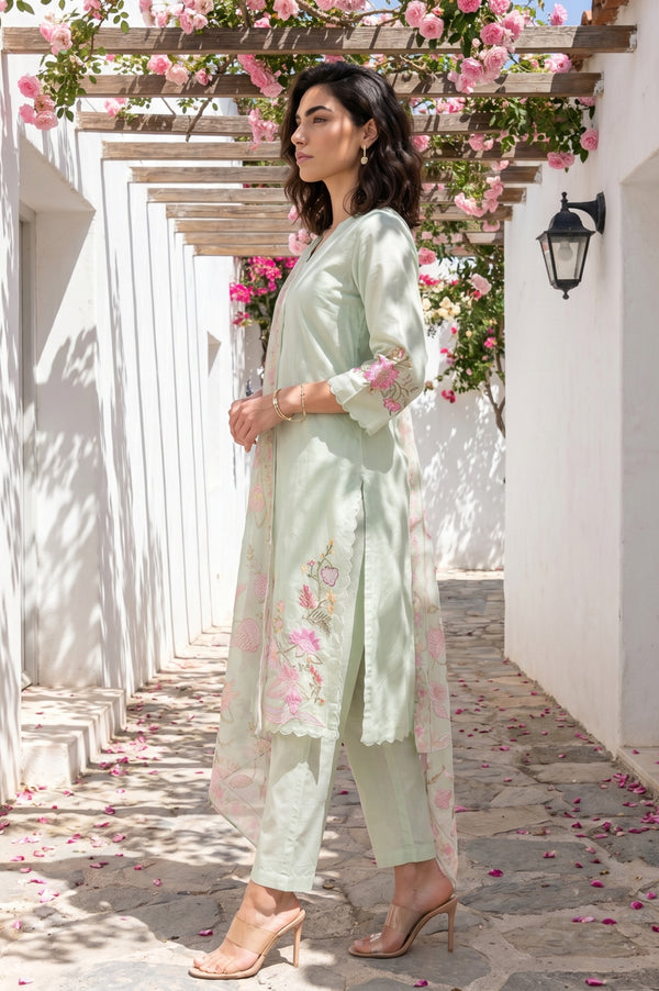 Sea Green Thread Embroidered Chanderi Straight Kurta With Pants and Dupatta Set