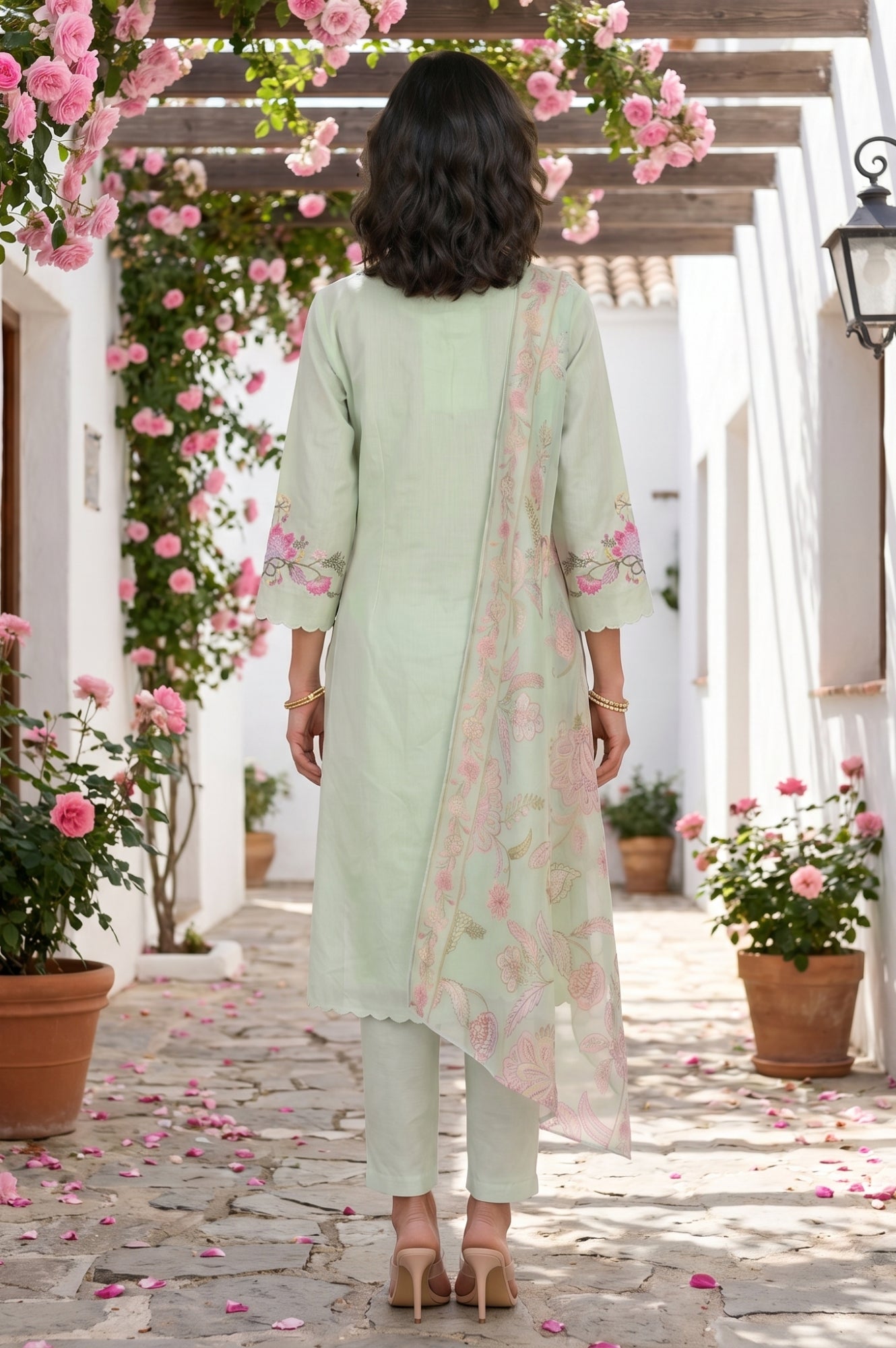 Sea Green Thread Embroidered Chanderi Straight Kurta With Pants and Dupatta Set