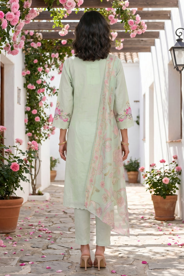 Sea Green Thread Embroidered Chanderi Straight Kurta With Pants and Dupatta Set
