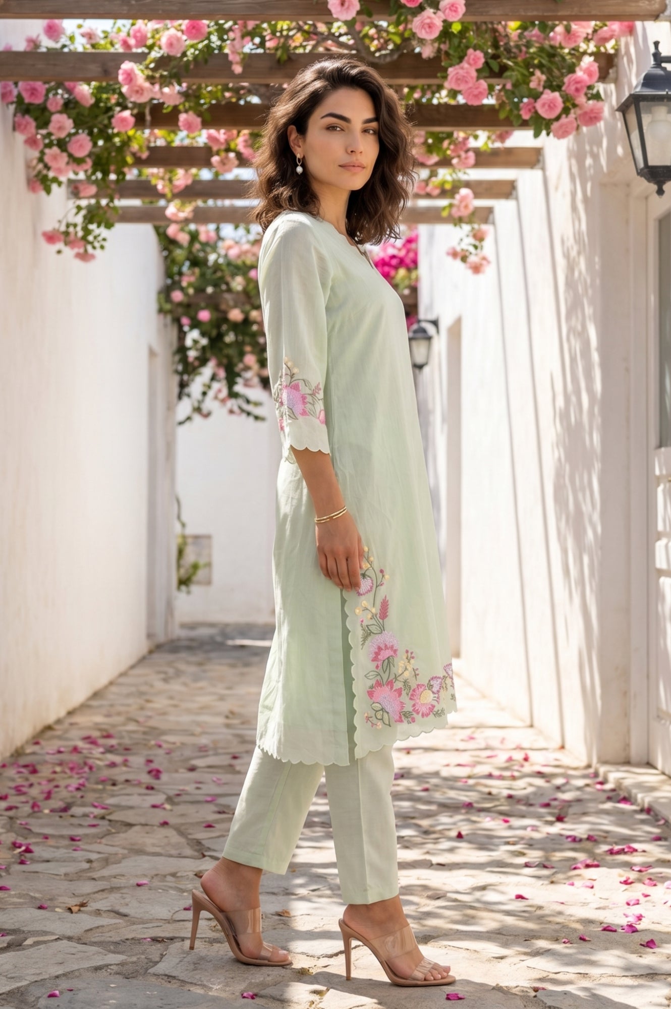Sea Green Thread Embroidered Chanderi Straight Kurta With Pants and Dupatta Set