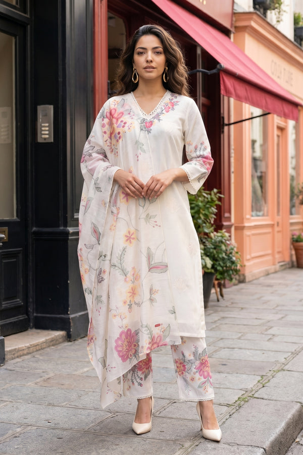 Off White Thread Embroidered Chanderi Straight Kurta With Pants and Dupatta Set