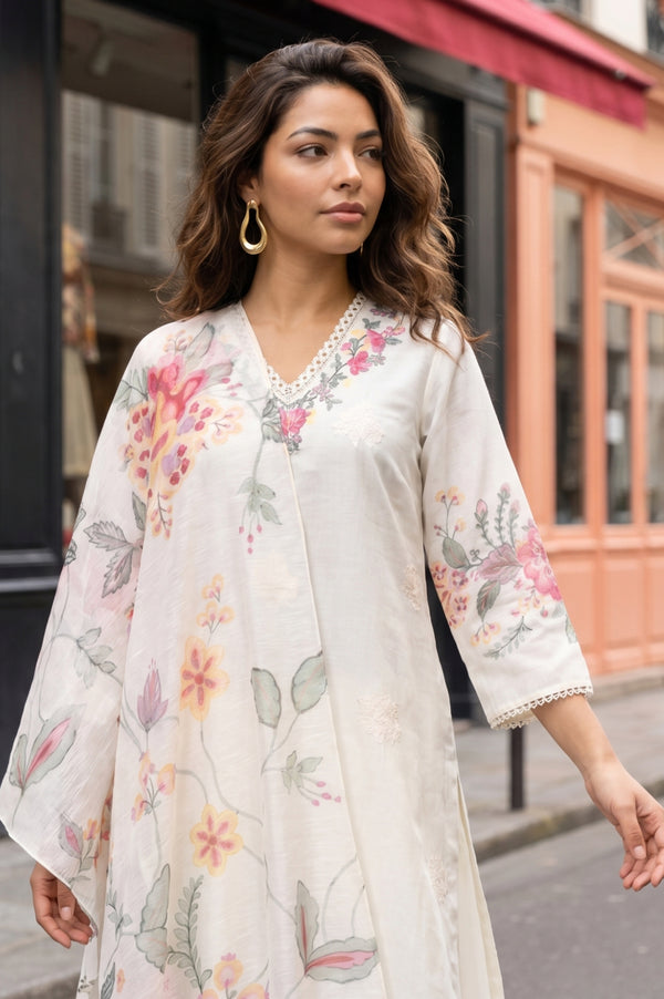 Off White Thread Embroidered Chanderi Straight Kurta With Pants and Dupatta Set