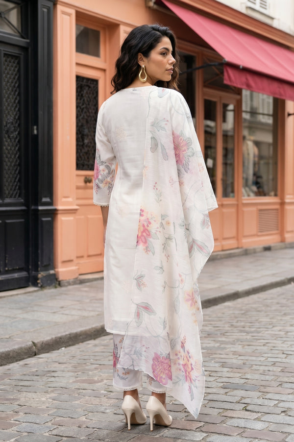Off White Thread Embroidered Chanderi Straight Kurta With Pants and Dupatta Set