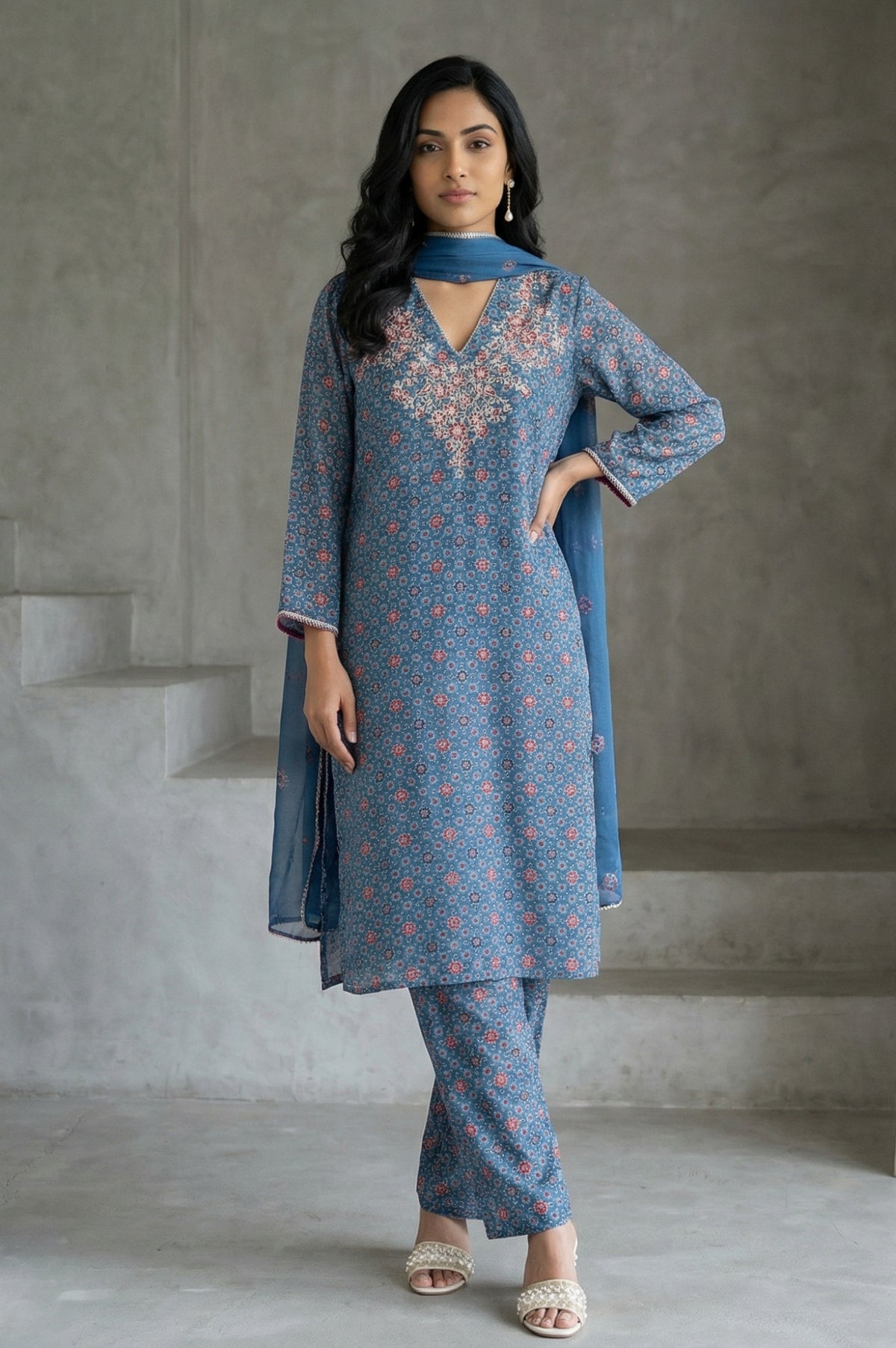 Blue Floral Printed Modal Straight Kurta with Pants and Dupatta Set - XS