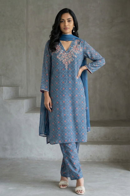 Blue Floral Printed Modal Straight Kurta with Pants and Dupatta Set