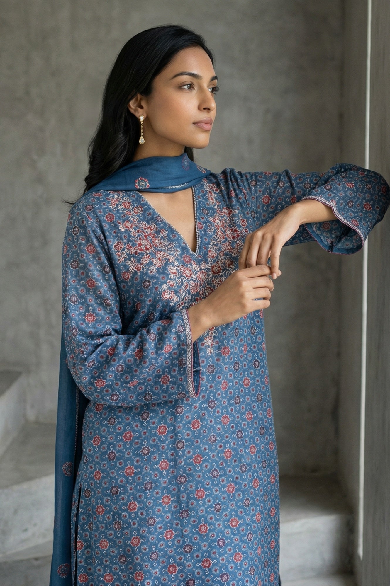 Blue Floral Printed Modal Straight Kurta with Pants and Dupatta Set