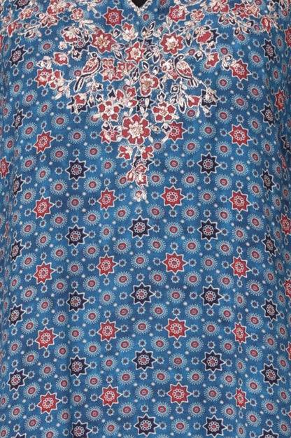 Blue Floral Printed Modal Straight Kurta with Pants and Dupatta Set