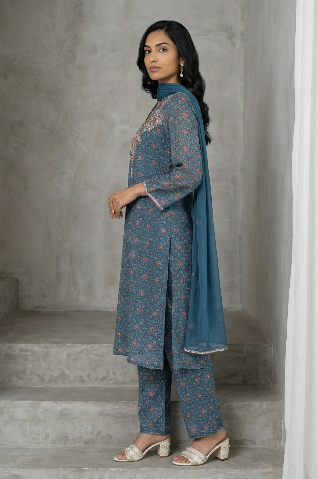 Blue Floral Printed Modal Straight Kurta with Pants and Dupatta Set