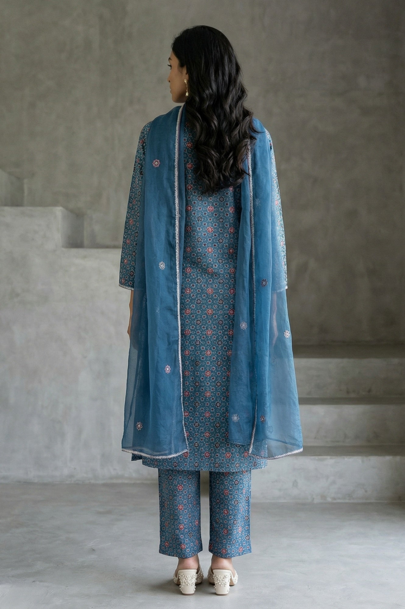 Blue Floral Printed Modal Straight Kurta with Pants and Dupatta Set