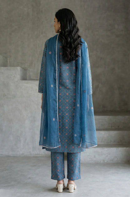 Blue Floral Printed Modal Straight Kurta with Pants and Dupatta Set