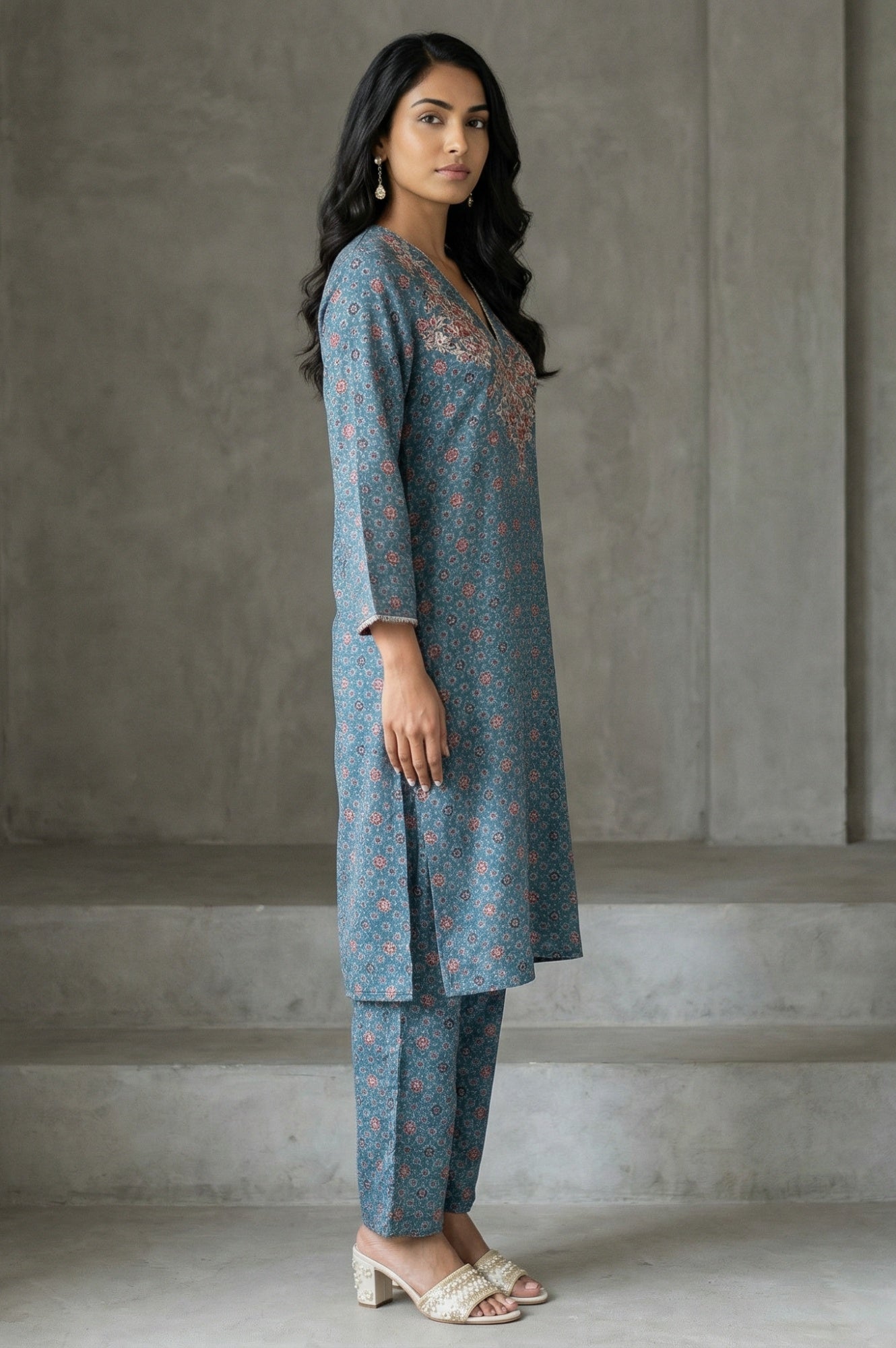 Blue Floral Printed Modal Straight Kurta with Pants and Dupatta Set