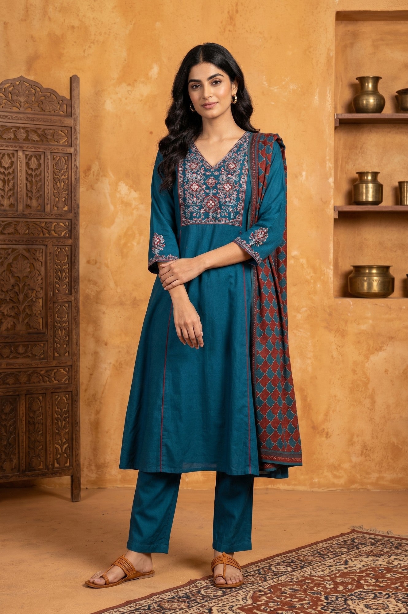 Teal Blue Thread Embroidered Flared Kurta With Pants and Dupatta Set