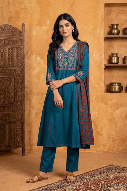 Teal Blue Thread Embroidered Flared Kurta With Pants and Dupatta Set