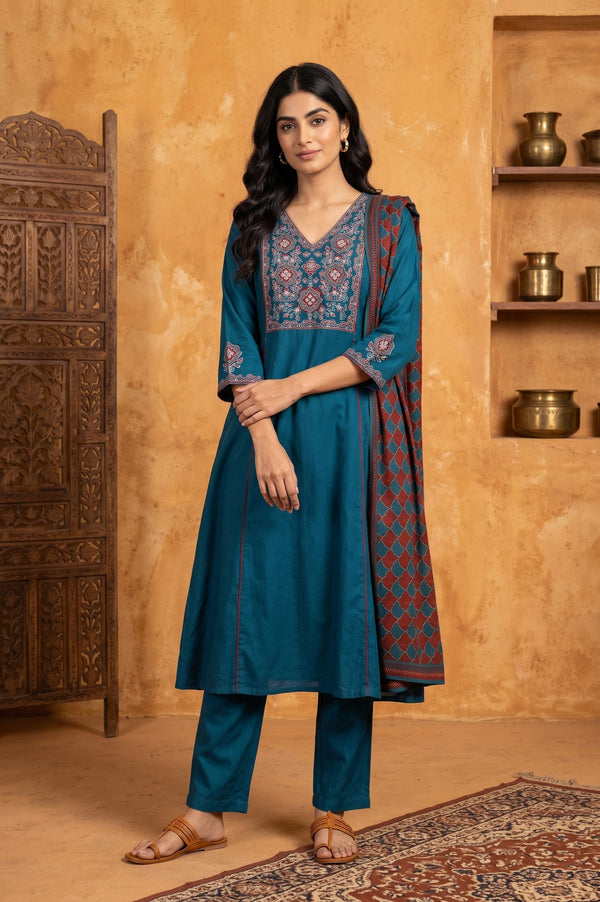 Teal Blue Thread Embroidered Flared Kurta With Pants and Dupatta Set