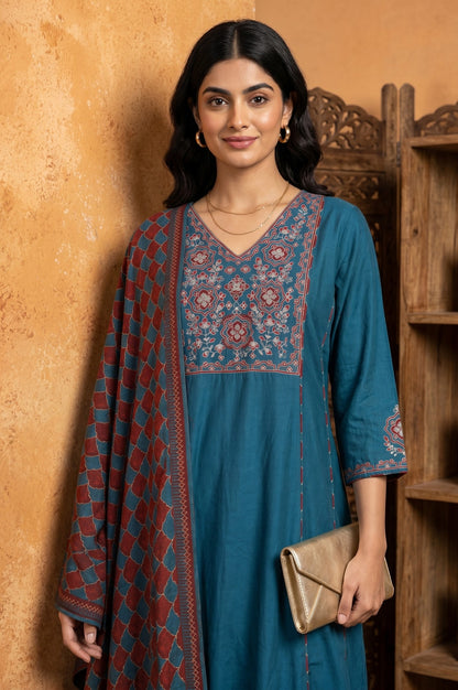 Teal Blue Thread Embroidered Flared Kurta With Pants and Dupatta Set