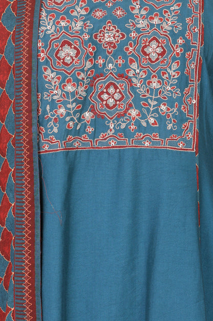 Teal Blue Thread Embroidered Flared Kurta With Pants and Dupatta Set