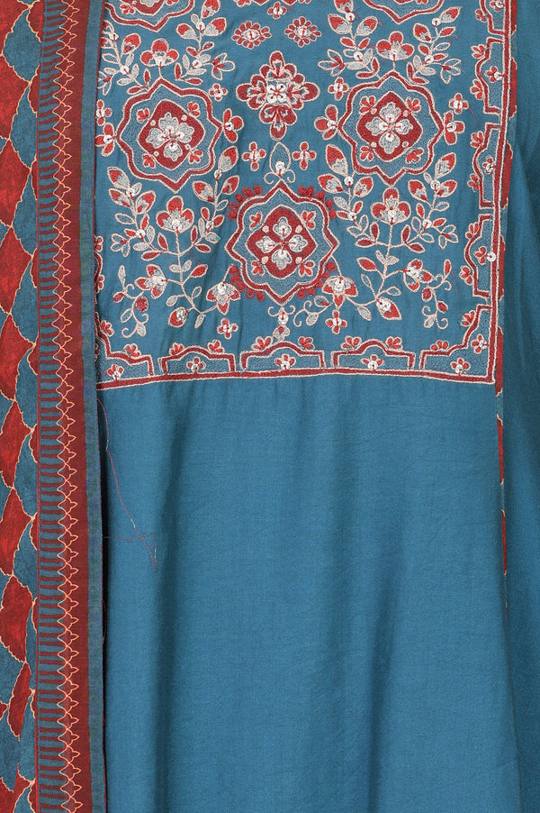 Teal Blue Thread Embroidered Flared Kurta With Pants and Dupatta Set