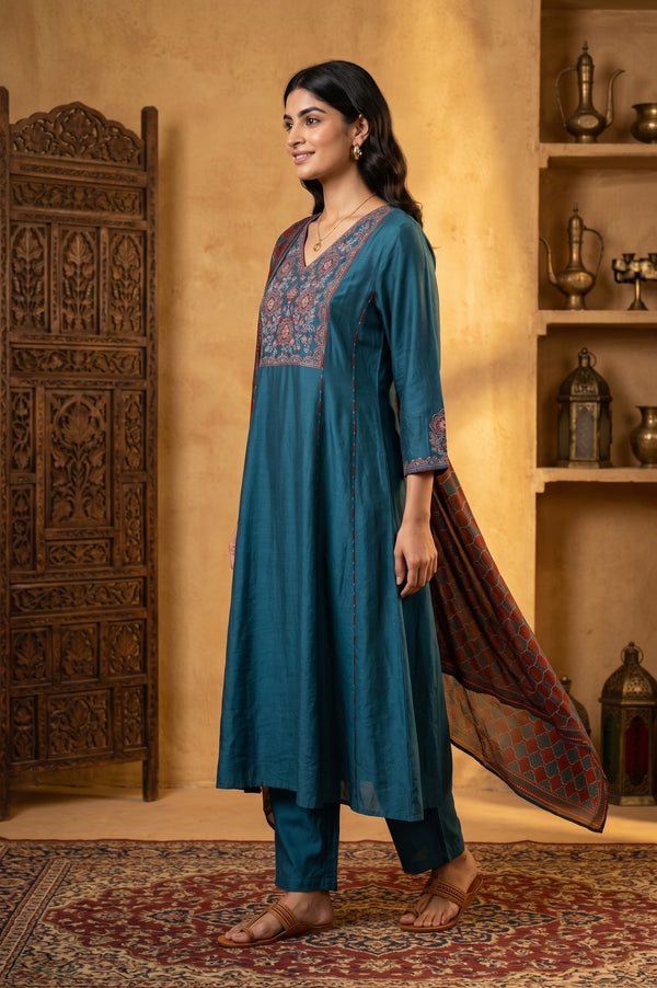 Teal Blue Thread Embroidered Flared Kurta With Pants and Dupatta Set