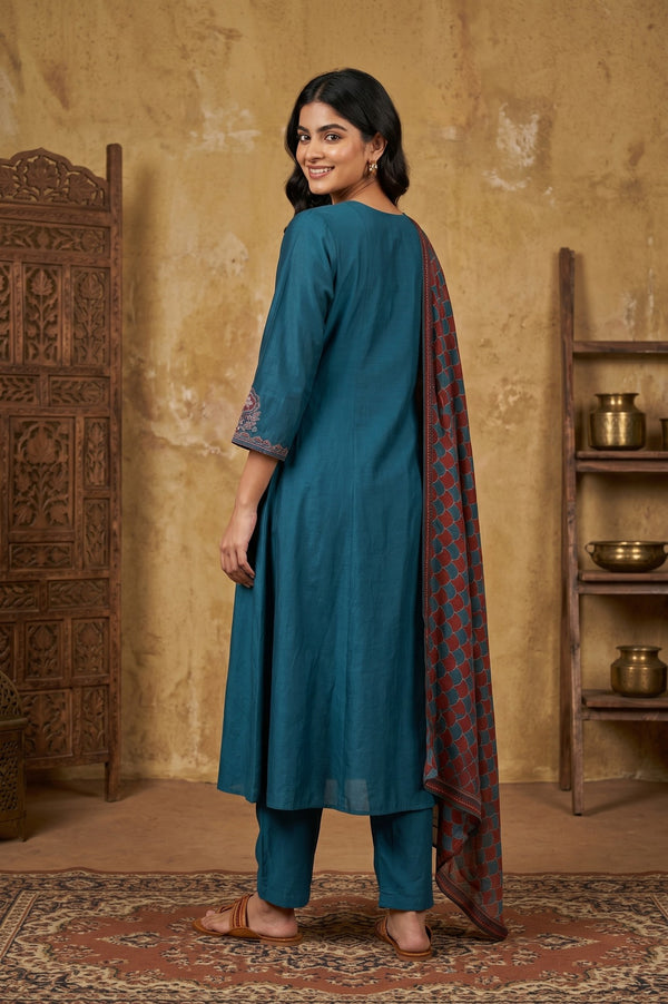 Teal Blue Thread Embroidered Flared Kurta With Pants and Dupatta Set