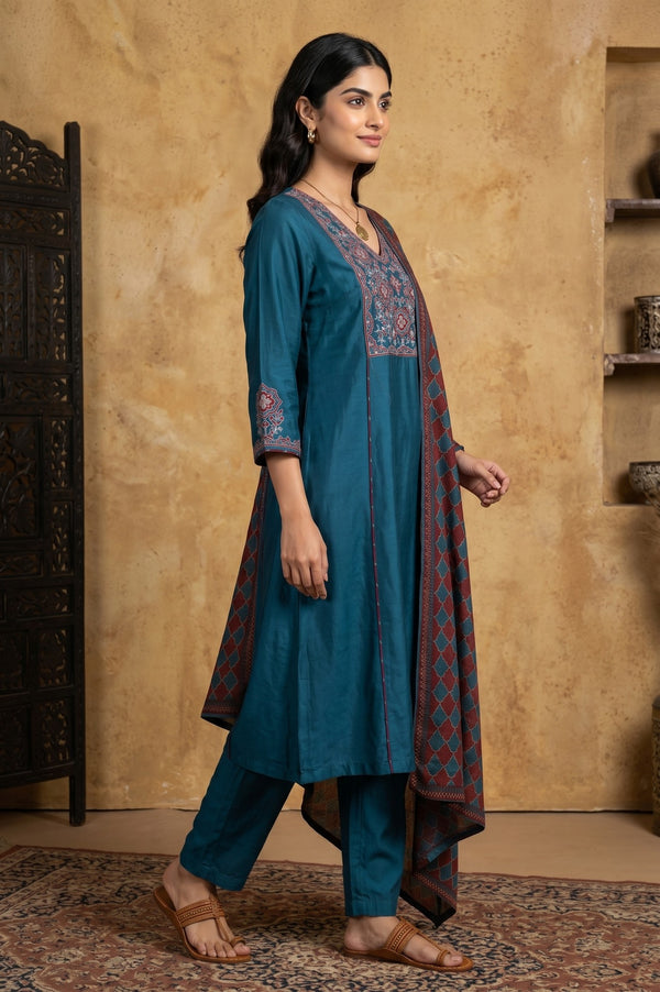 Teal Blue Thread Embroidered Flared Kurta With Pants and Dupatta Set