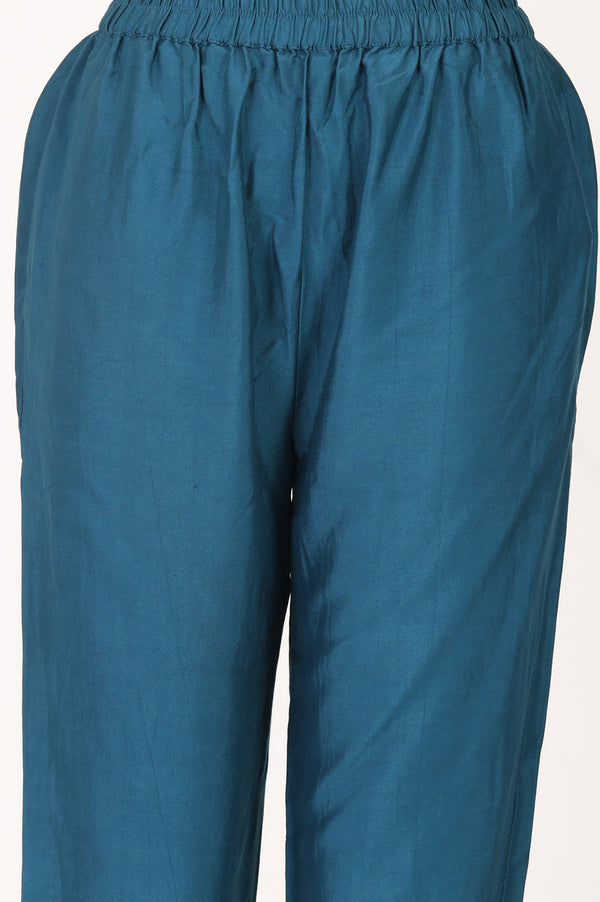 Teal Blue Thread Embroidered Flared Kurta With Pants and Dupatta Set